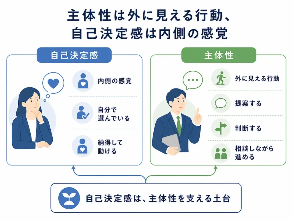 主体性と自己決定感の違いを明確に区別しつつ、両者のつながりも見せる図