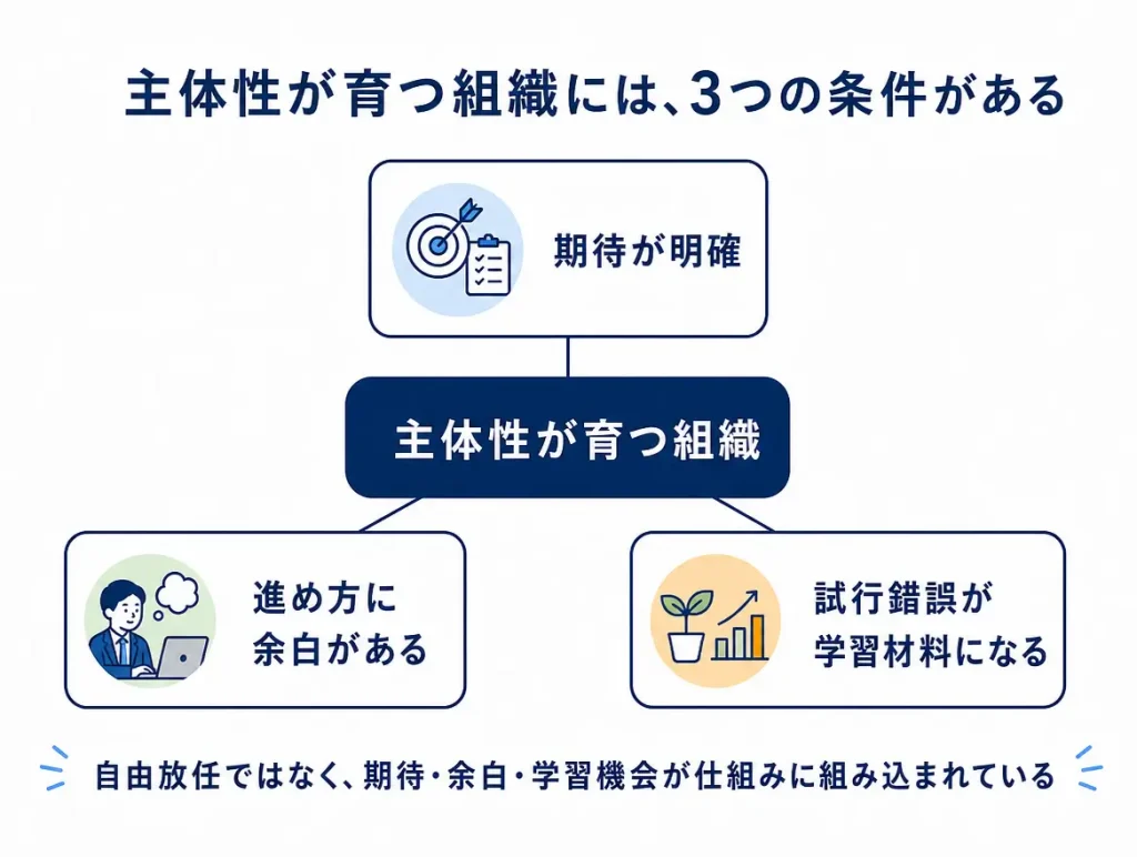 中央に「主体性が育つ組織」を置き、その周囲に「期待が明確」「進め方に余白がある」「試行錯誤が学習材料になる」の3条件を配置した整理図。